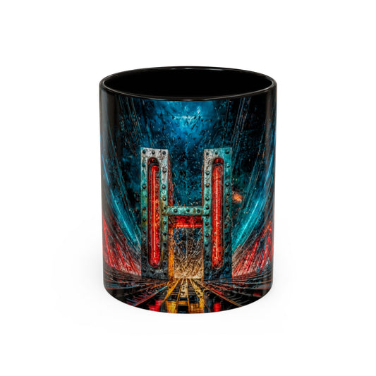 Mug with a cyberpunk design of a letter 'H' on a white background