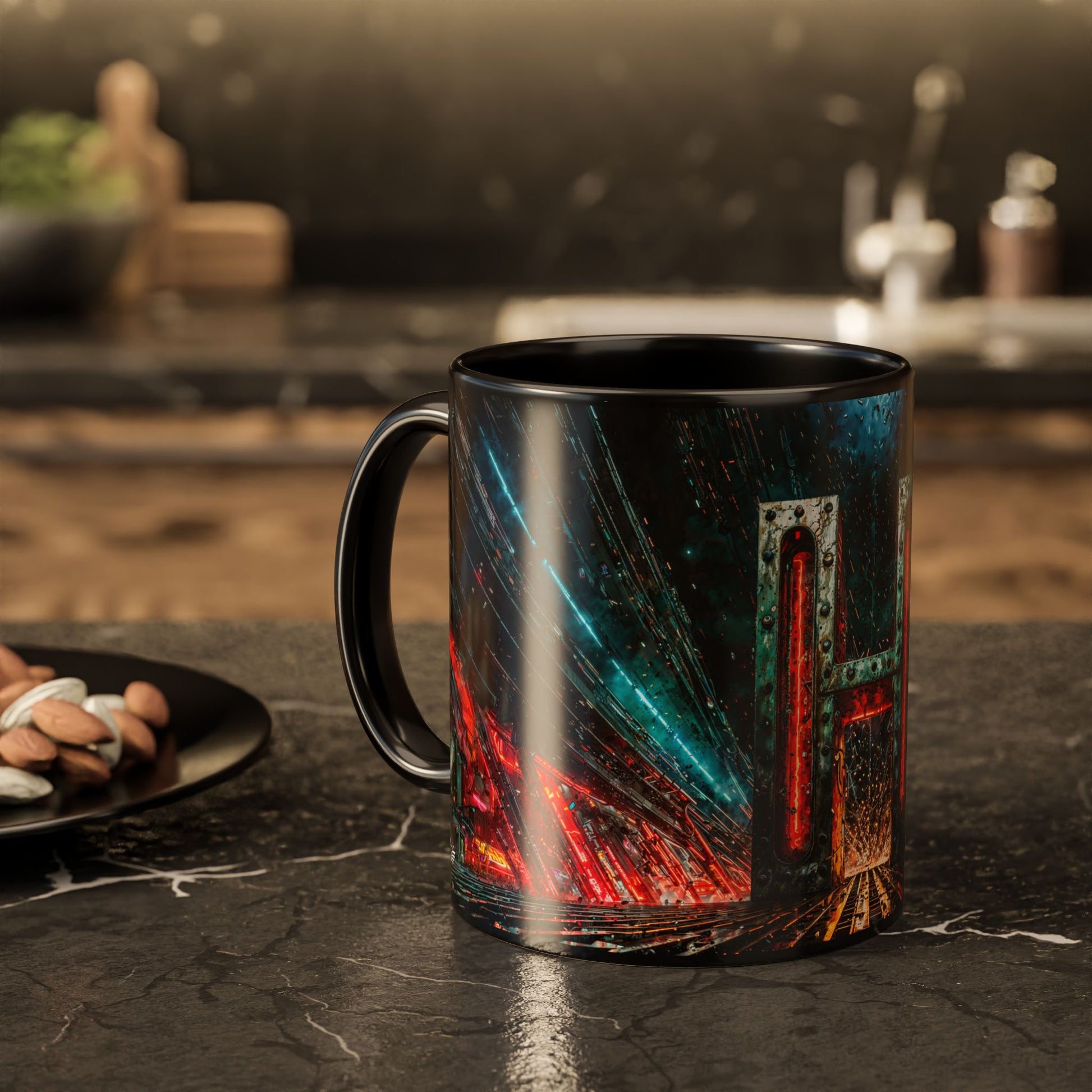 Colorful mug with cyberpunk design on a dark surface, blurred kitchen background