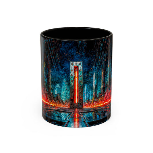 Black mug with cyberpunk design of letter I with a cityscape design on a white background