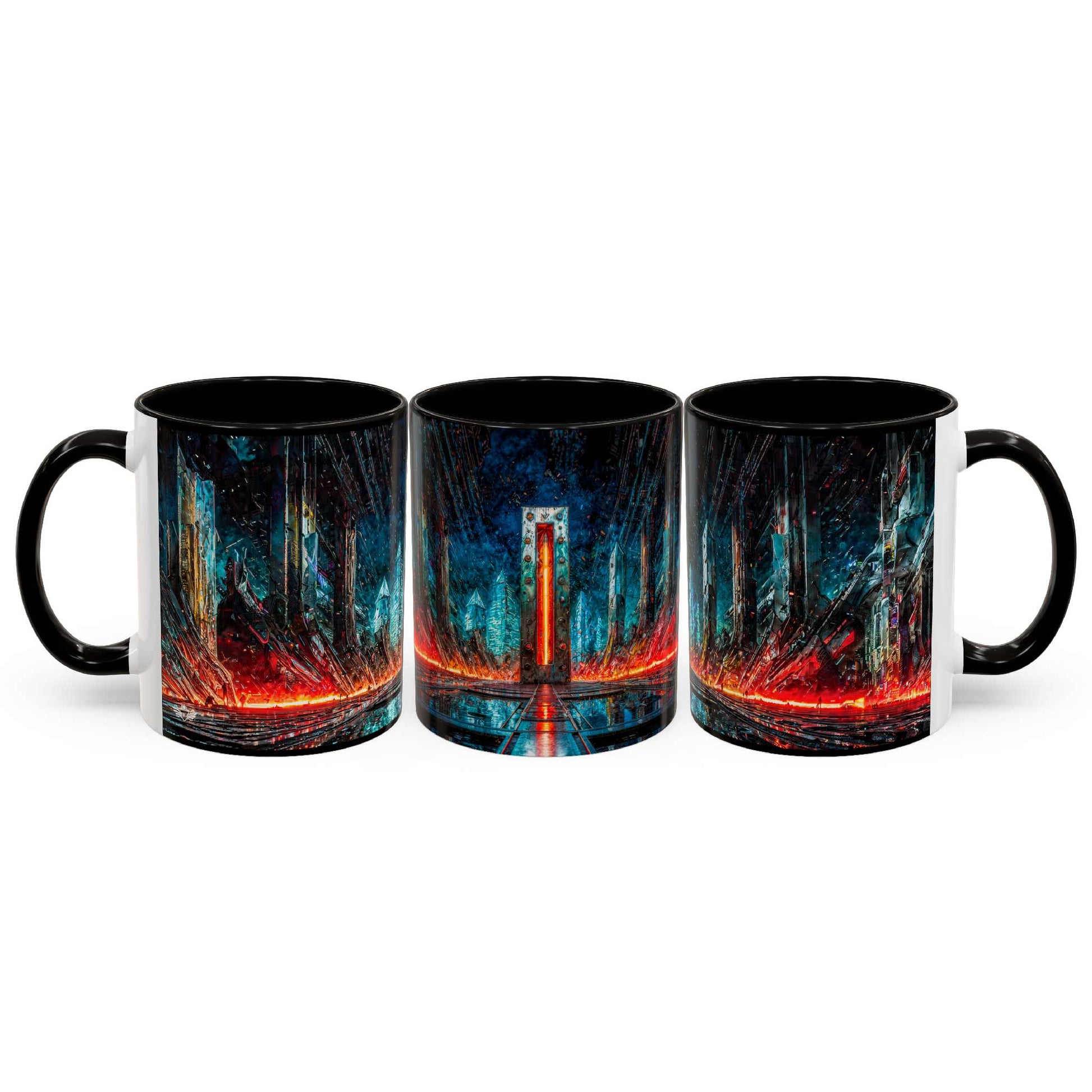 Three black mugs with a cyberpunk design on a white background