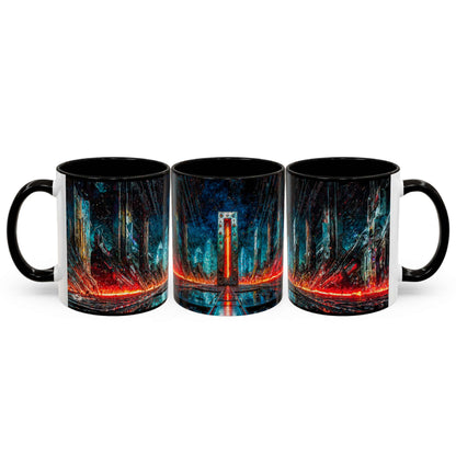 Three black mugs with a cyberpunk design on a white background