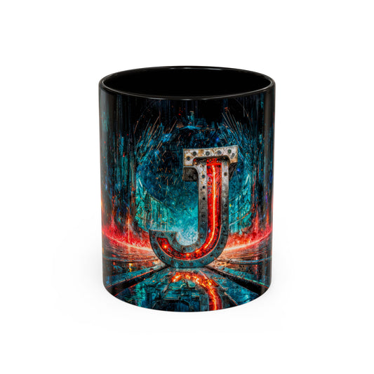Black mug with a cyberpunk letter 'J' design on a white background