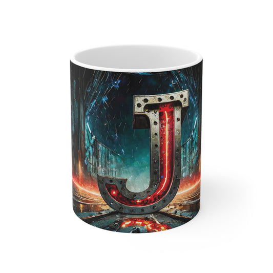 Cyberpunk Style Ceramic Mug with Printed Letter J-1