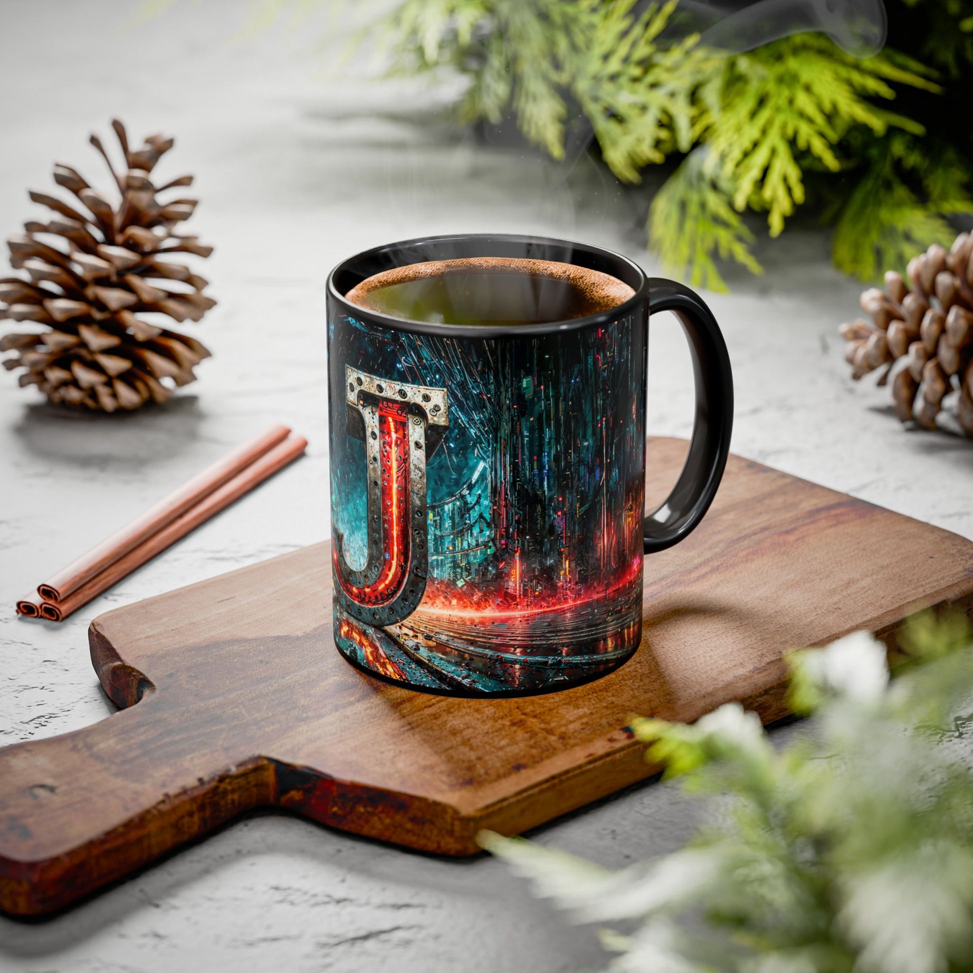Mug with cyberpunk design on a wooden board with pine cones and cinnamon sticks.