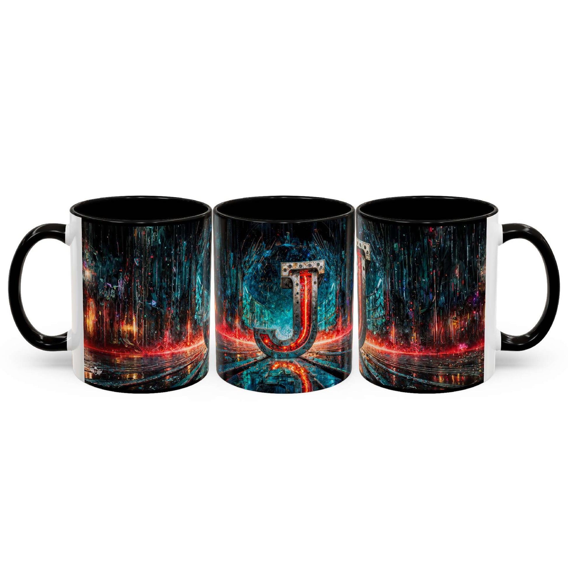 Three black mugs with a cyberpunk design featuring the letter 'J'.
