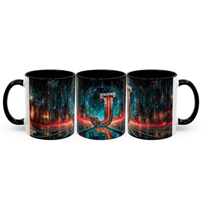 Three black mugs with a cyberpunk design featuring the letter 'J'.