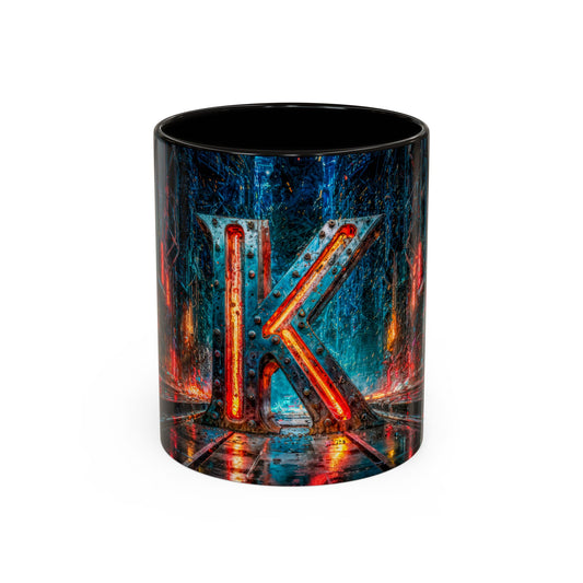 Mug with a neon-style cyberpunk letter 'K' design on a white background