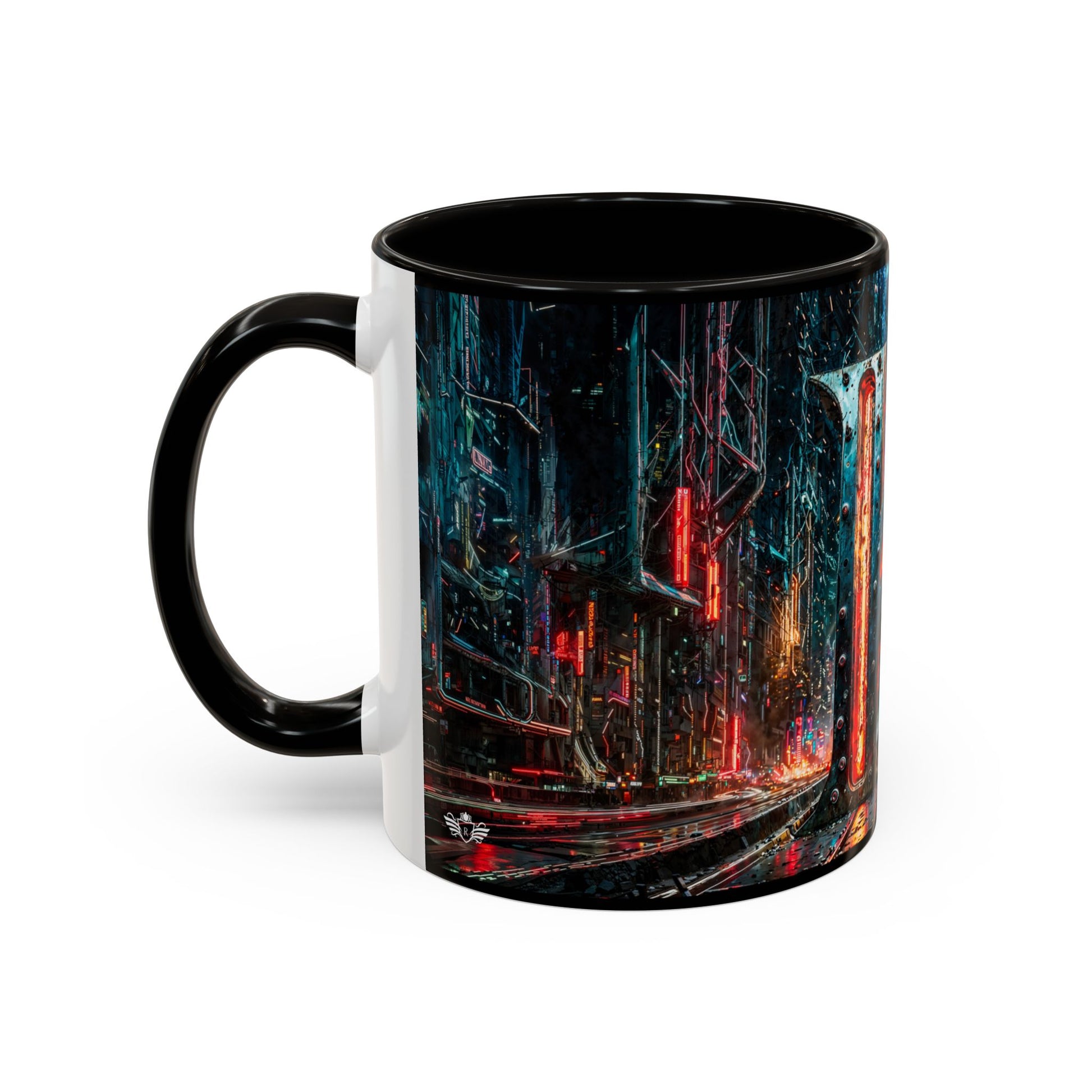 Mug with a cyberpunk design of a cityscape at night on a white background