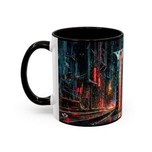 Mug with a cyberpunk design of a cityscape at night on a white background