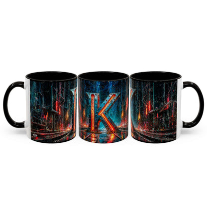 Three black mugs with a cyberpunk design and the letter 'K' on a white background