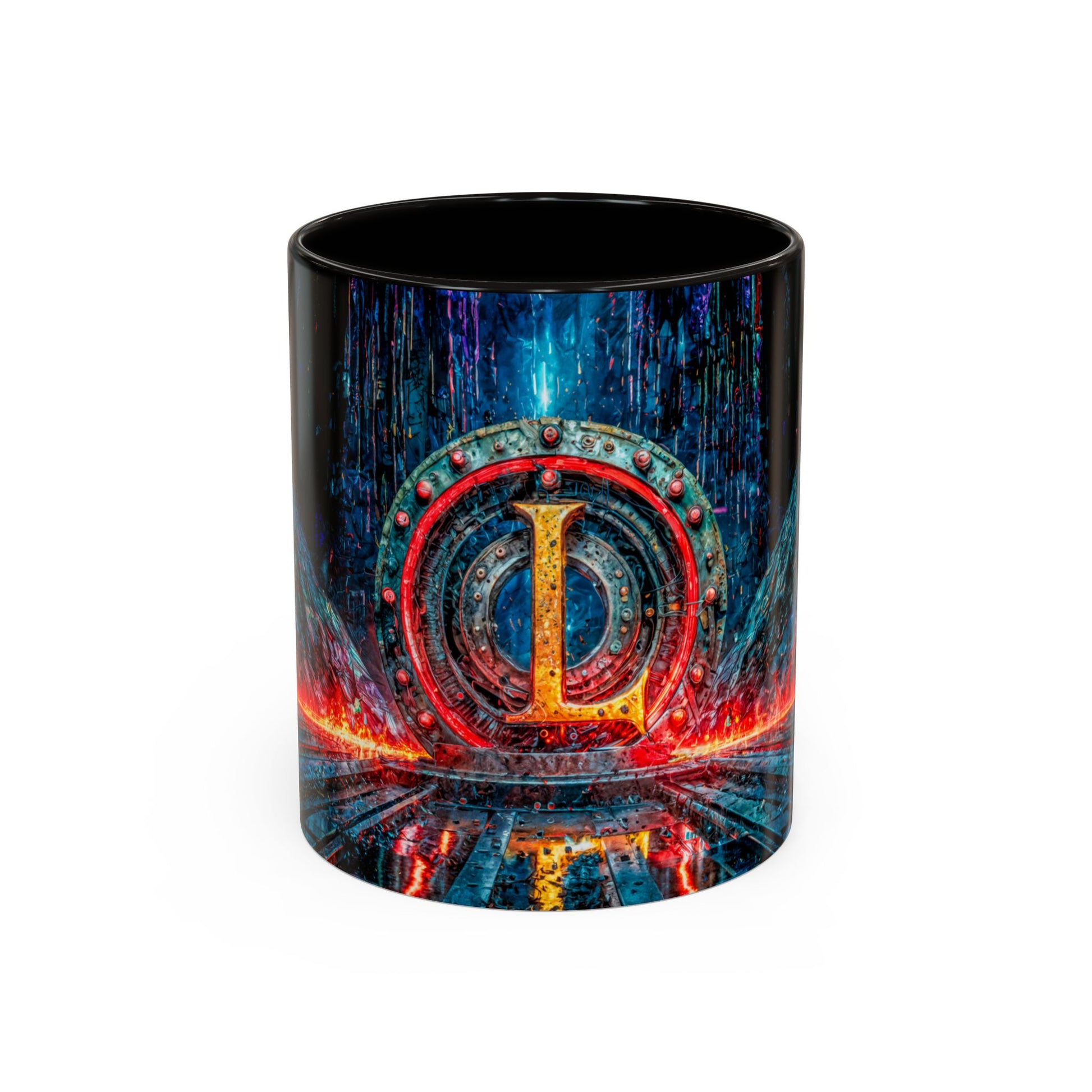 Mug with a cyberpunk design featuring a large letter 'L' on a white background