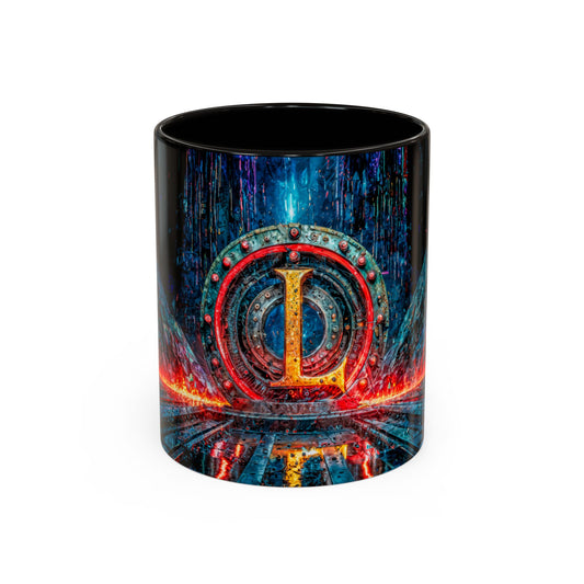 Mug with a cyberpunk design featuring a large letter 'L' on a white background