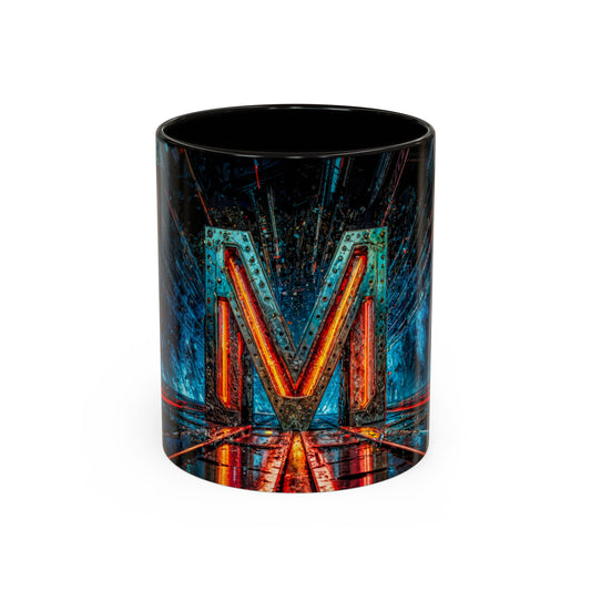Black mug with a cyberpunk  'M' design on a white background