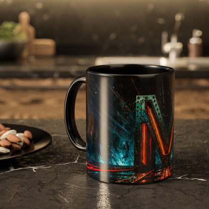 Black mug with cyberpunk design on a kitchen counter