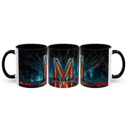 Three black mugs with a colorful cyberpunk design on a white background