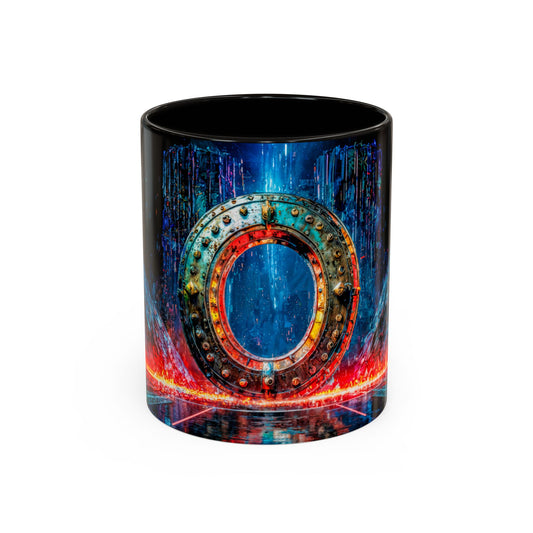 Colorful mug with a cyberpunk letter O design on a white background