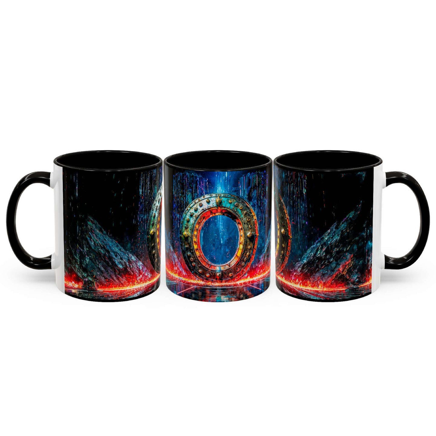 Three black mugs with a cyberpunk design on a white background