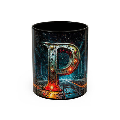 Black mug with a metallic cyberpunk letter 'P' design on a white background