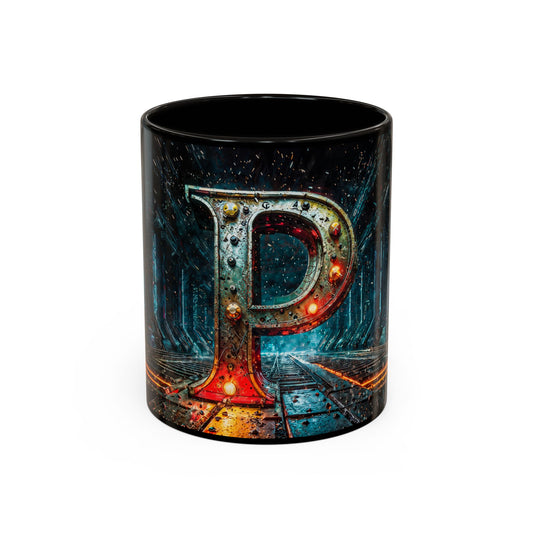 Black mug with a metallic cyberpunk letter 'P' design on a white background