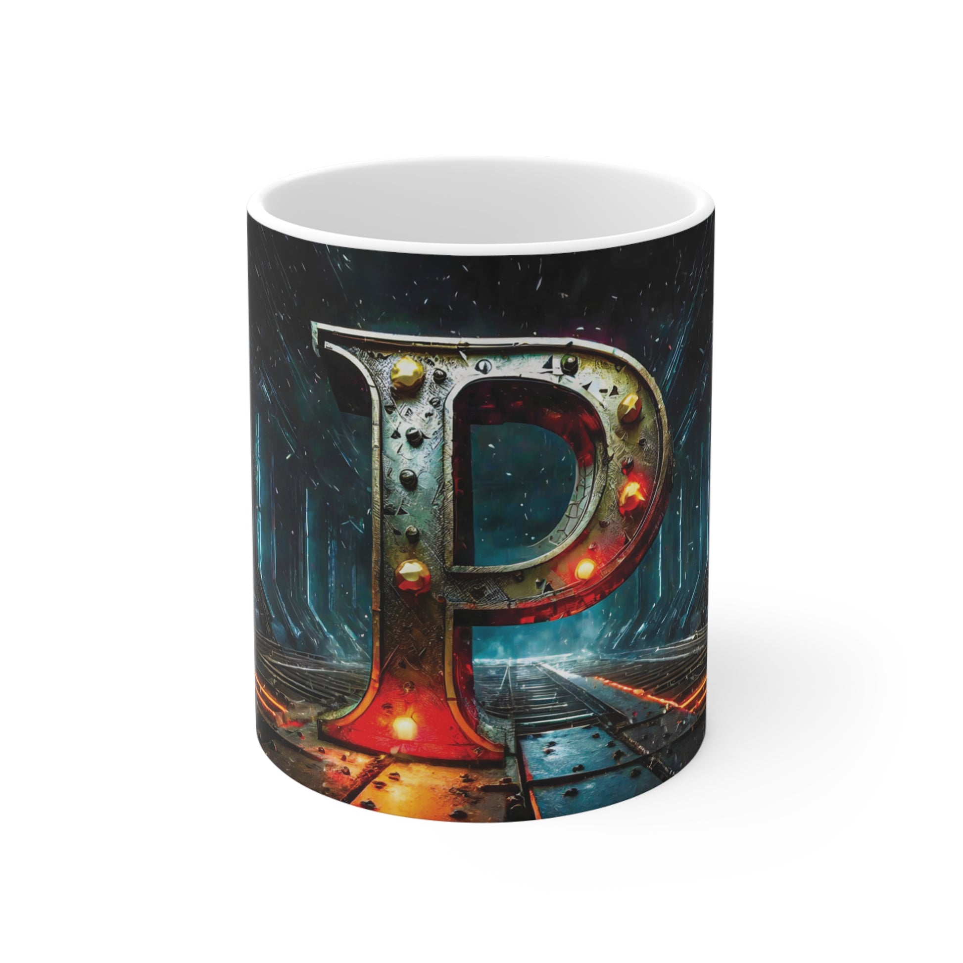 Cyberpunk Style Ceramic Mug with Printed Letter P-1