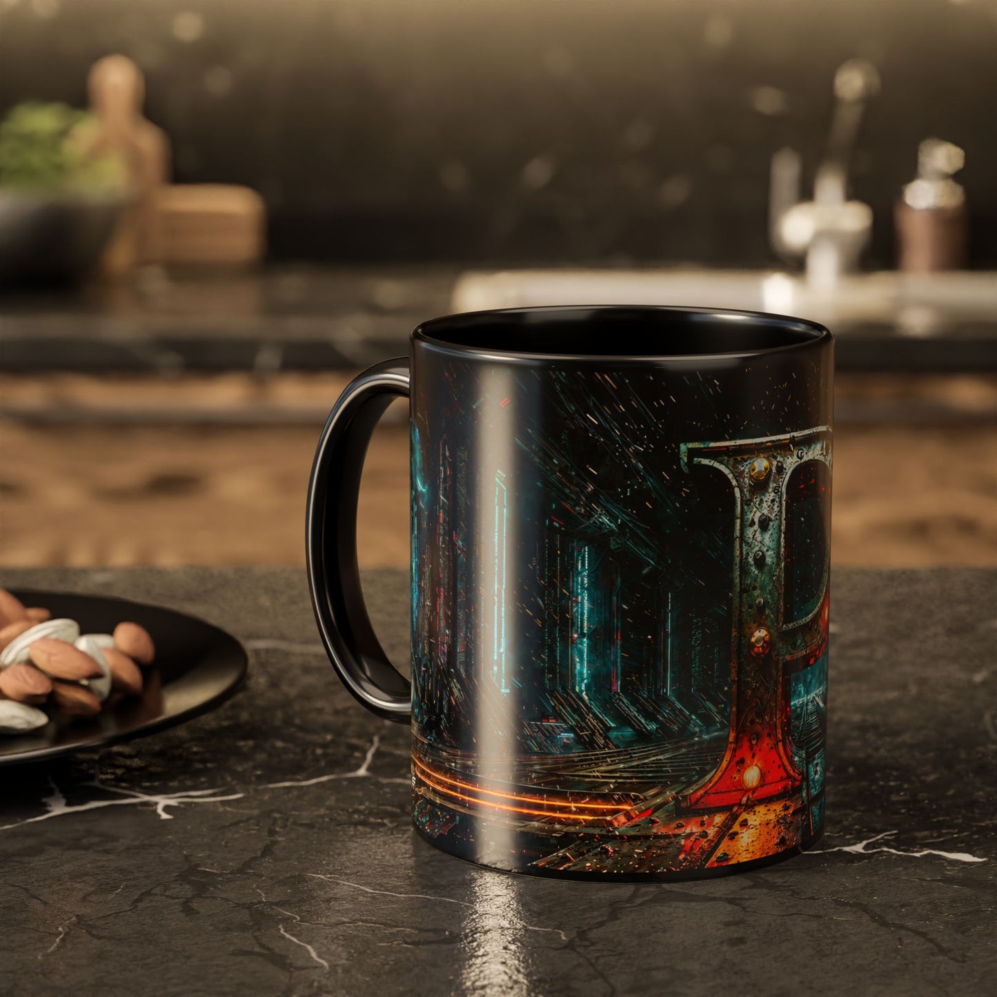 Black mug with a cyberpunk design on a dark surface, blurred kitchen background