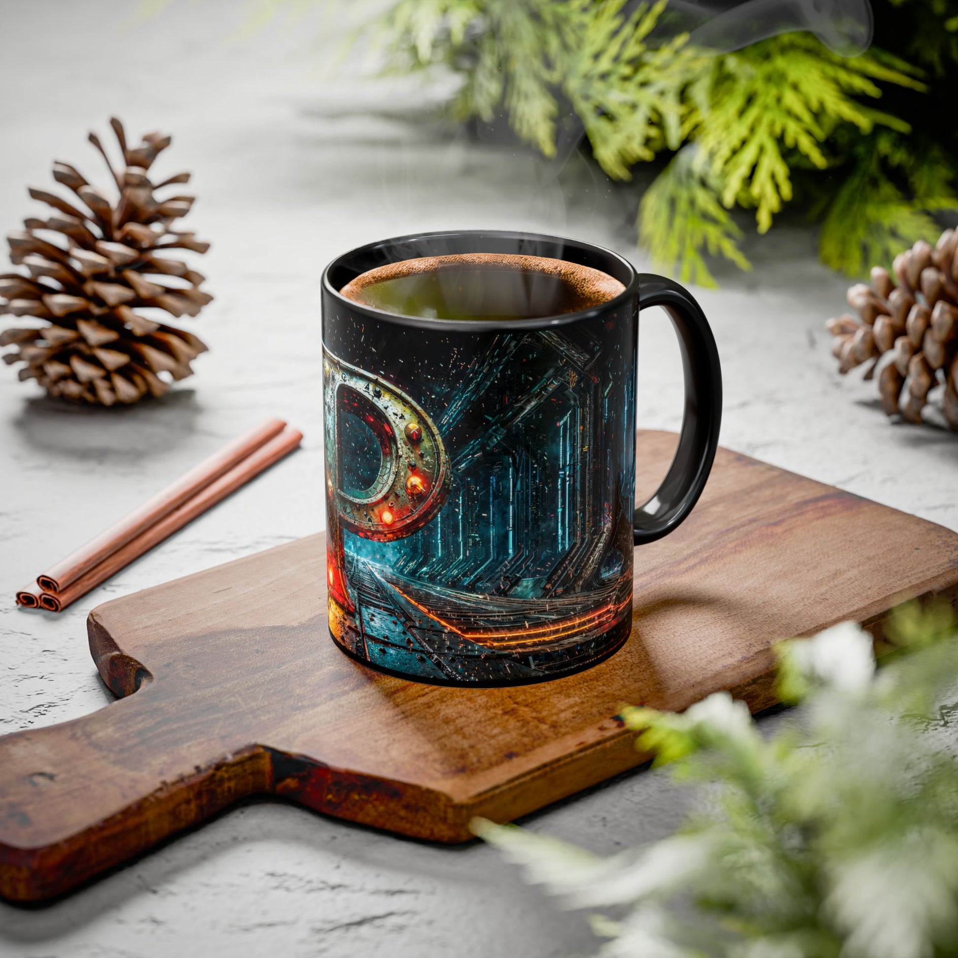 Black mug with a cyberpunk design on a wooden cutting board with cinnamon sticks and pine cones.
