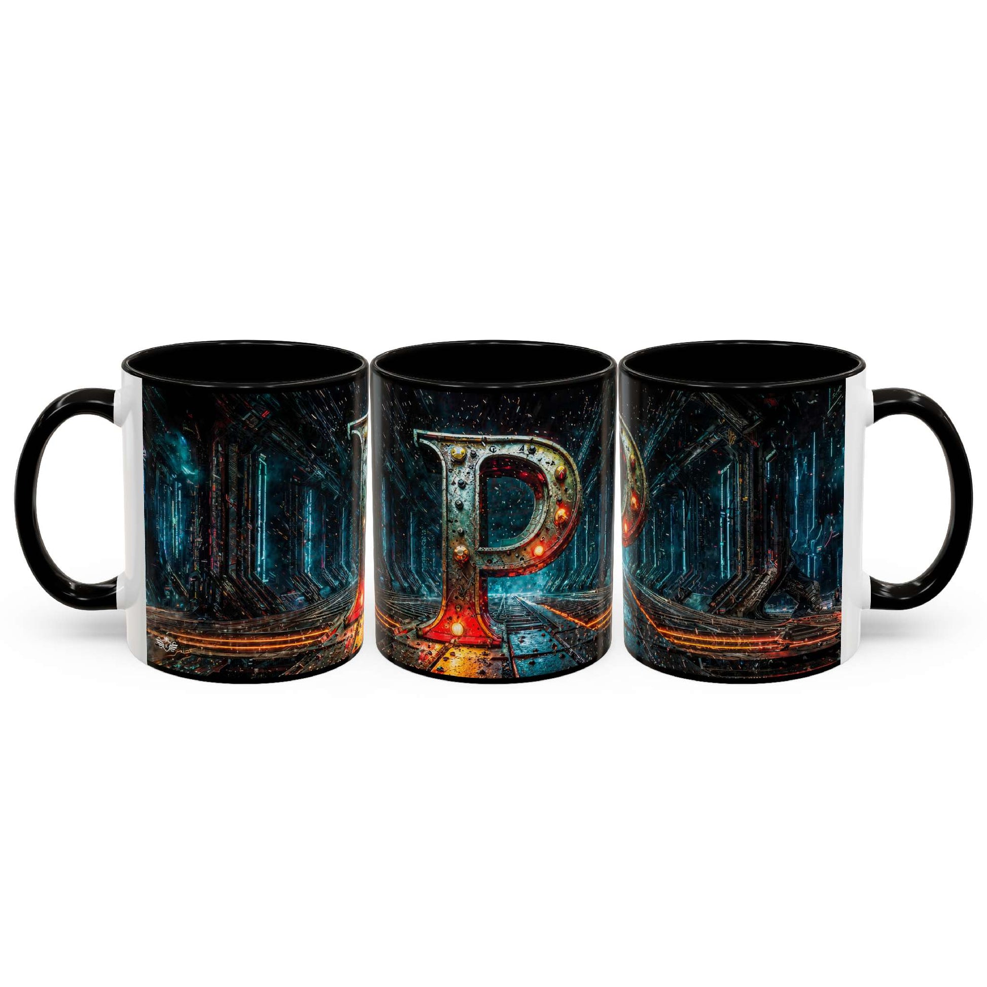 Three black mugs with a cyberpunk design on a white background