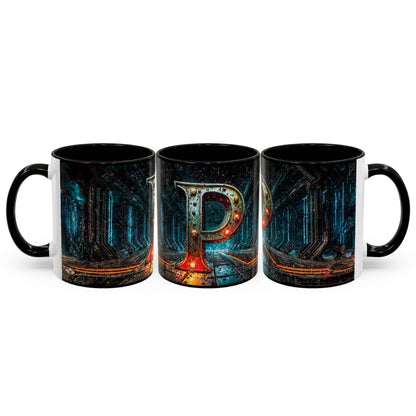 Three black mugs with a cyberpunk design on a white background