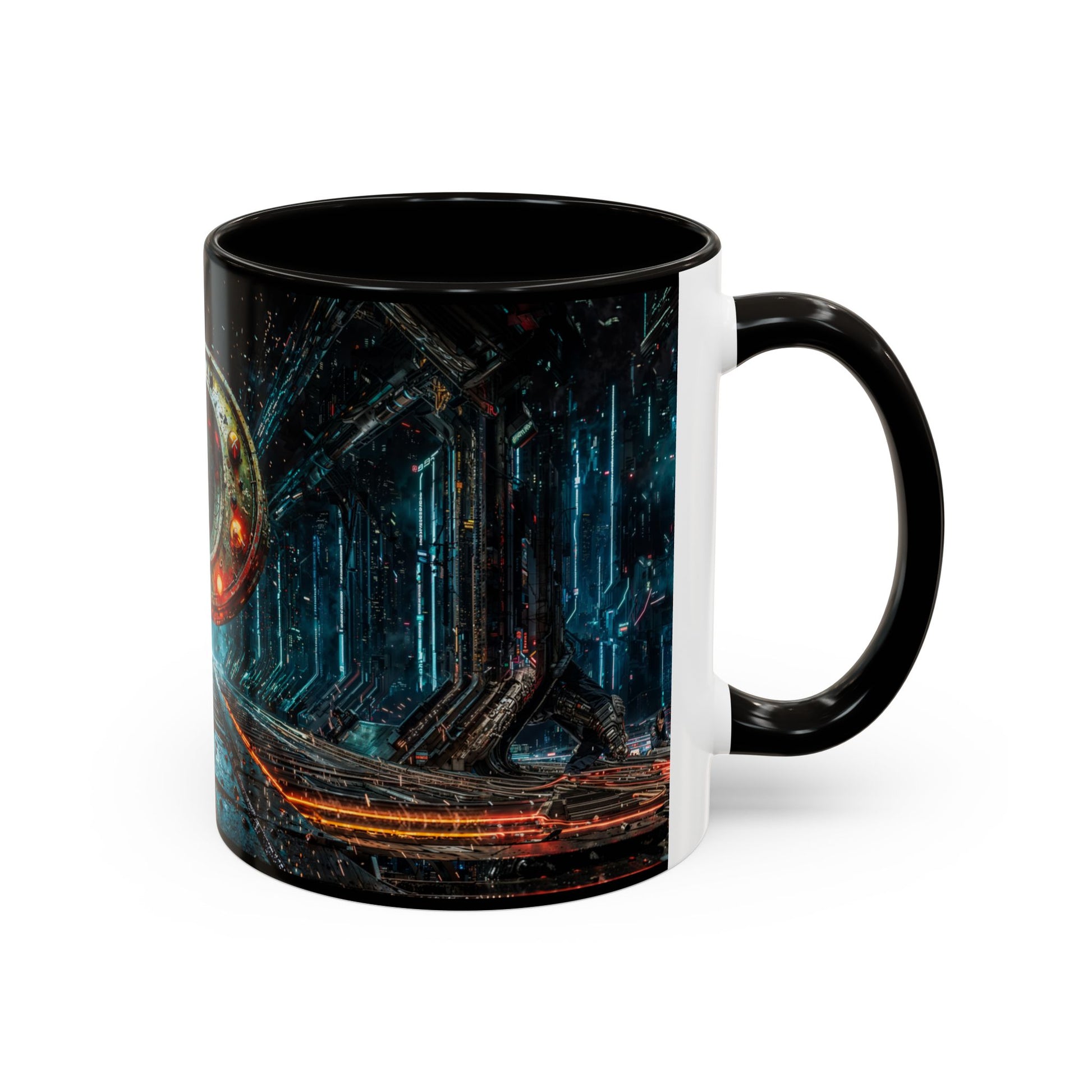 Mug with a futuristic cyberpunk design on a white background