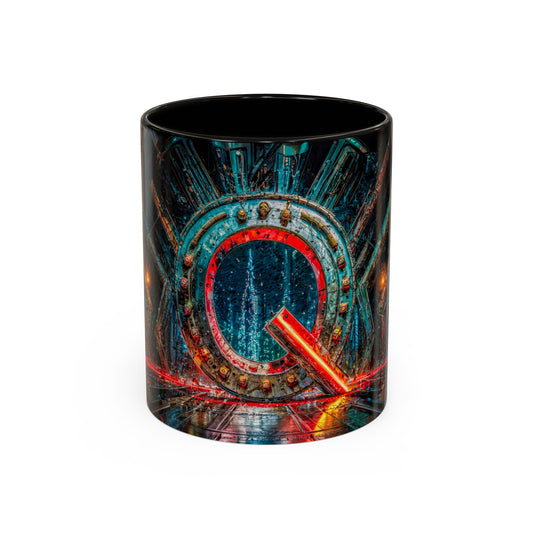 Decorative mug with a cyberpunk 'Q' design on a white background
