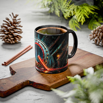 Black mug with a cyberpunk design on a wooden cutting board with cinnamon sticks and pine cones.