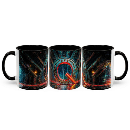 Three black mugs with cyberpunk designs on a white background