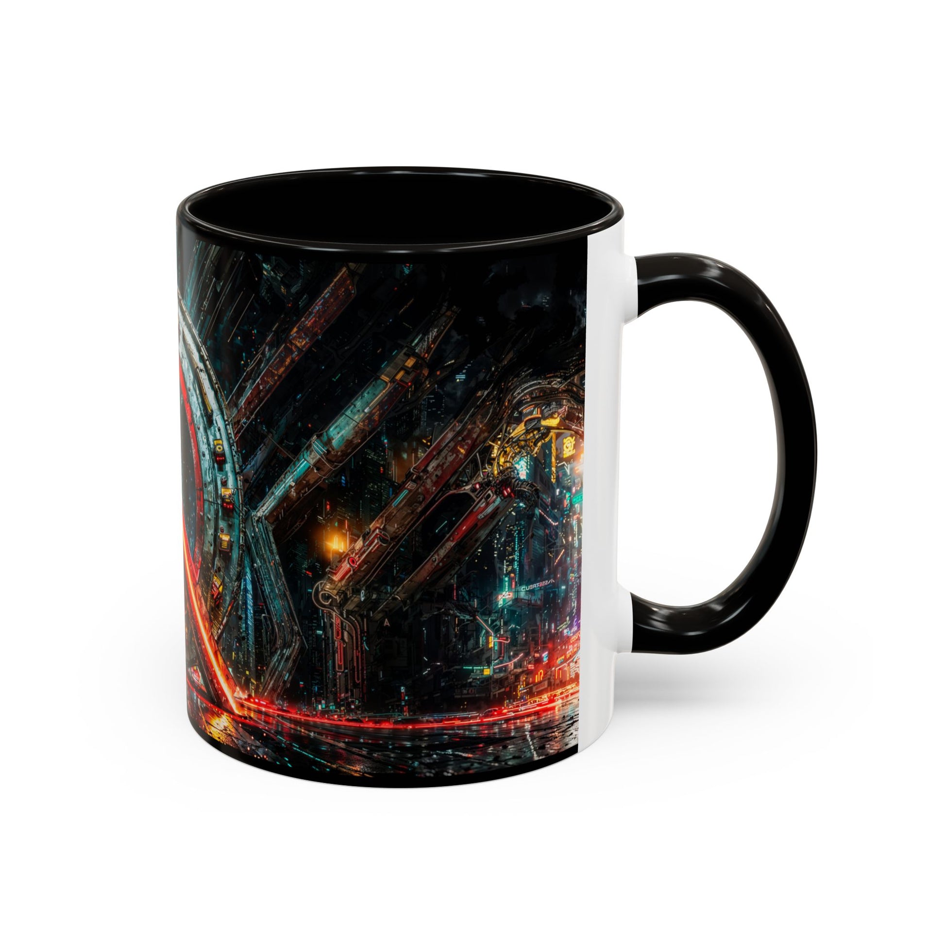 Mug with a cyberpunk abstract design on a white background