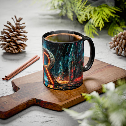 Mug with colorful cyberpunk design on a wooden cutting board with cinnamon sticks and pine cones.