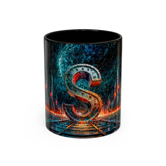Decorative mug with a stylized cyberpunk letter 'S' design on a white background