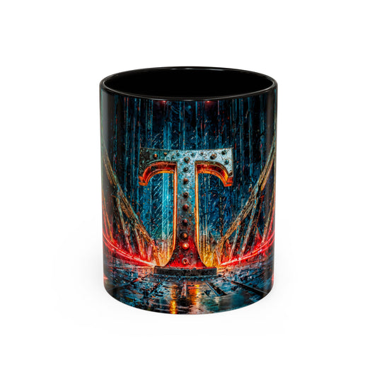 Mug with a cyberpunk design of a letter 'T' on a white background