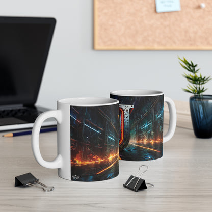 Cyberpunk Style Ceramic Mug with Printed Letter U-5