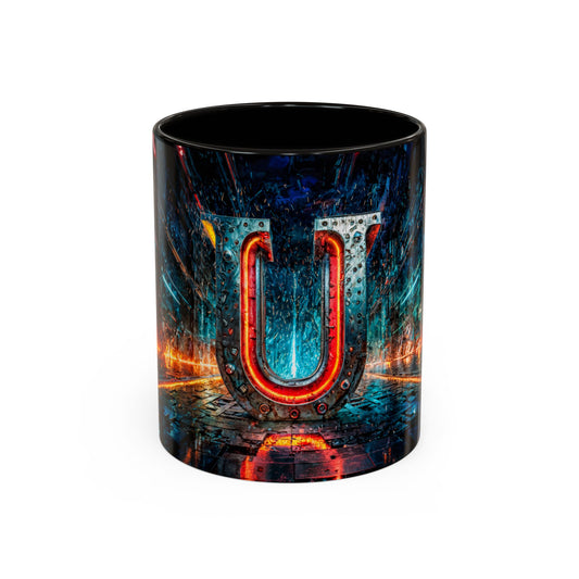 Mug with a cyberpunk letter 'U' design on a white background