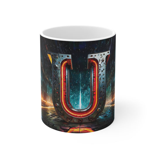 Cyberpunk Style Ceramic Mug with Printed Letter U-1