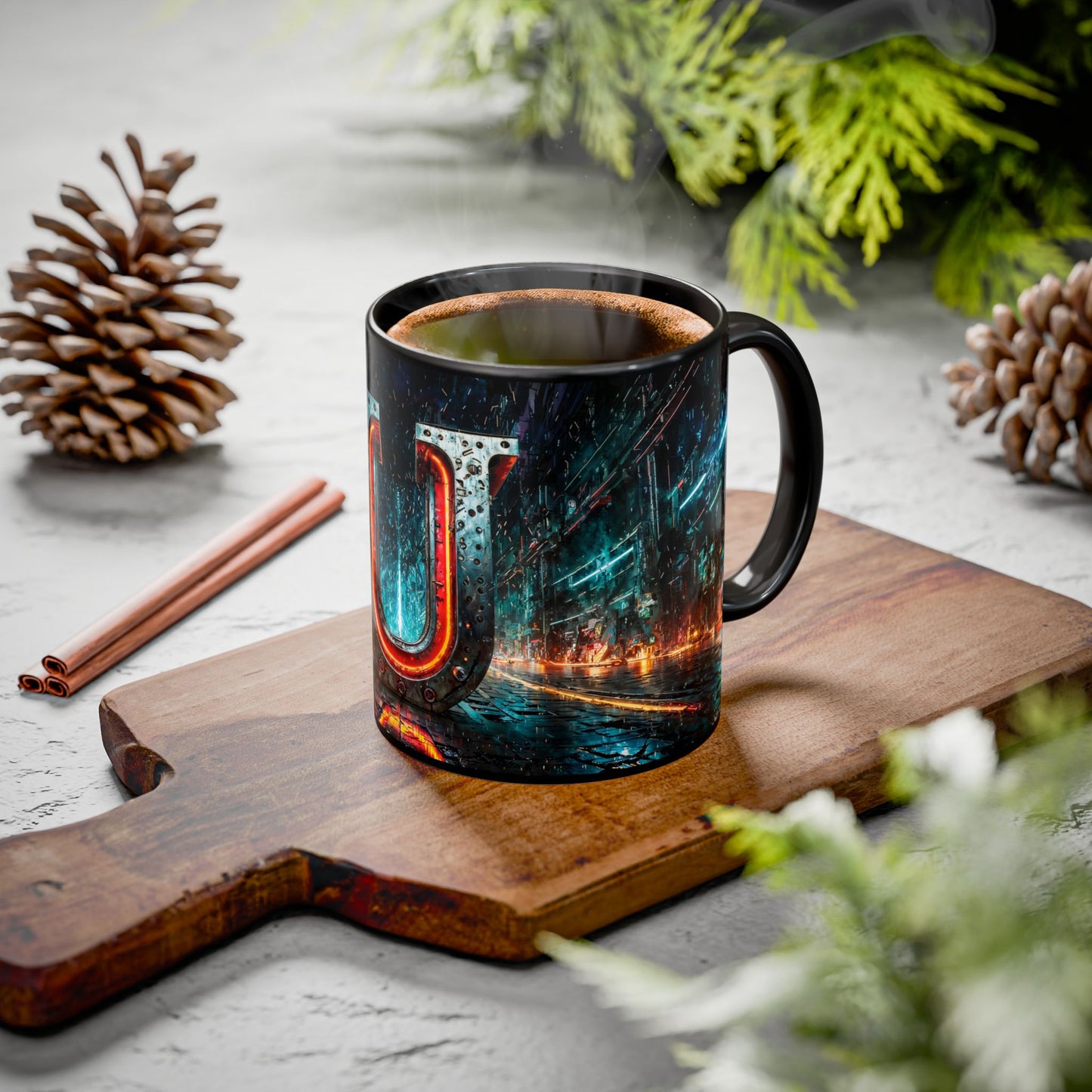 Cyberpunk Style Ceramic Mug with Letter U