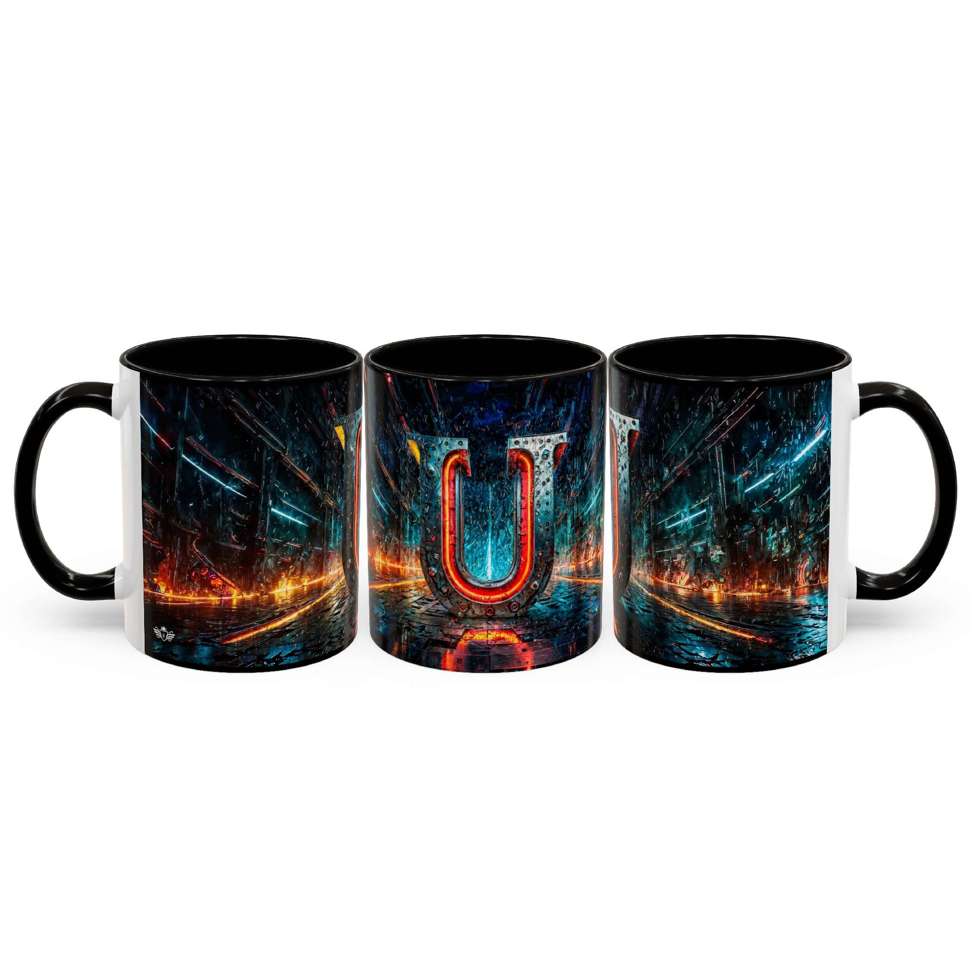 Three black mugs with a vibrant, cyberpunk design on a white background