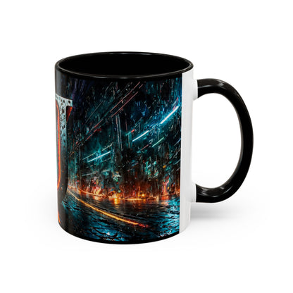 Mug with a futuristic cyberpunk design on a white background
