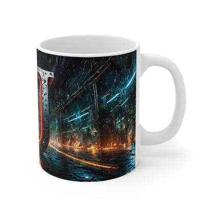 Cyberpunk Style Ceramic Mug with Printed Letter U-3