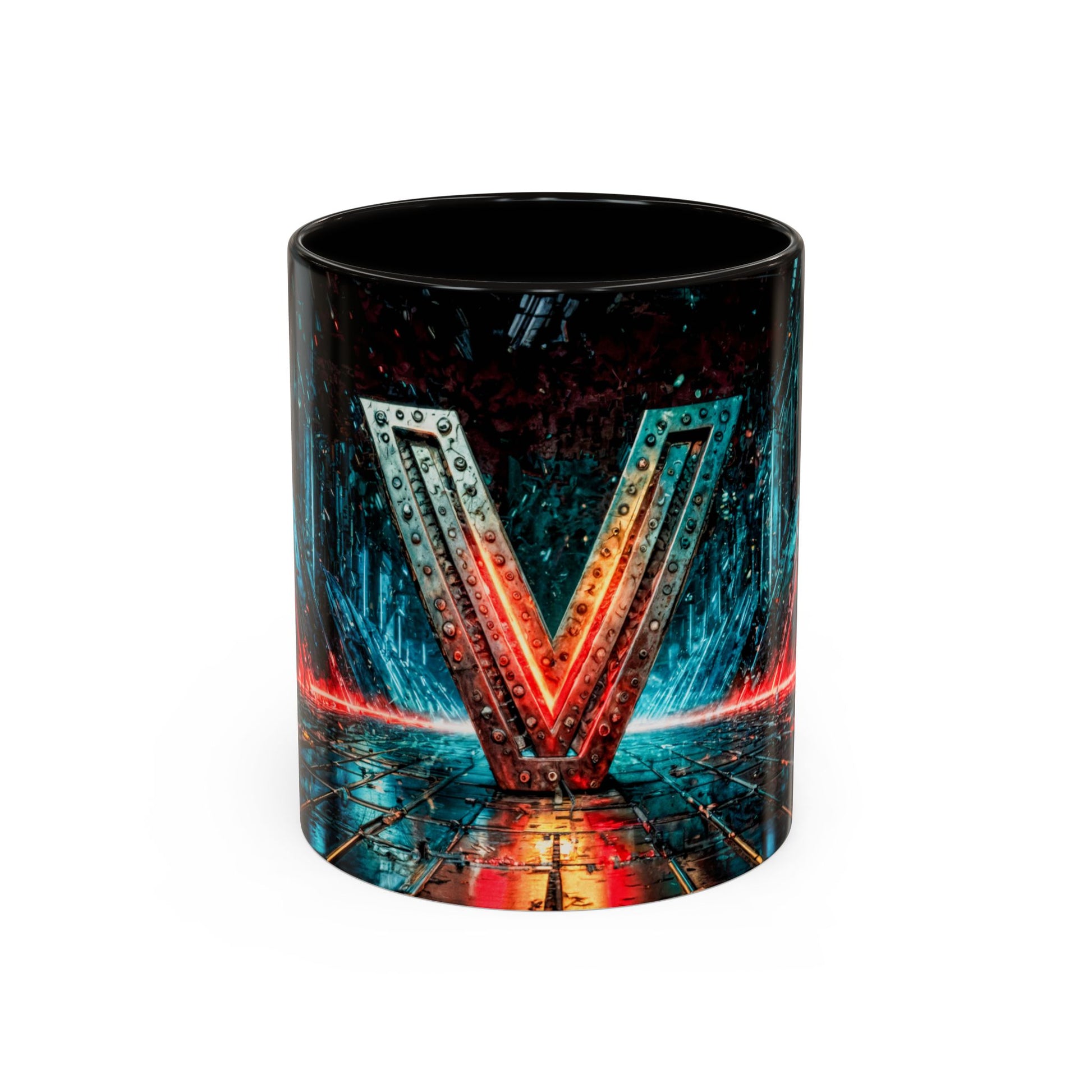 Mug with a cyberpunk letter 'V' design on a white background