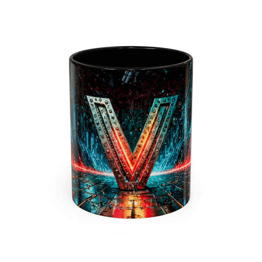Mug with a cyberpunk letter 'V' design on a white background