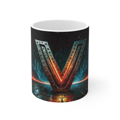 Cyberpunk Style Ceramic Mug with Printed Letter V-1