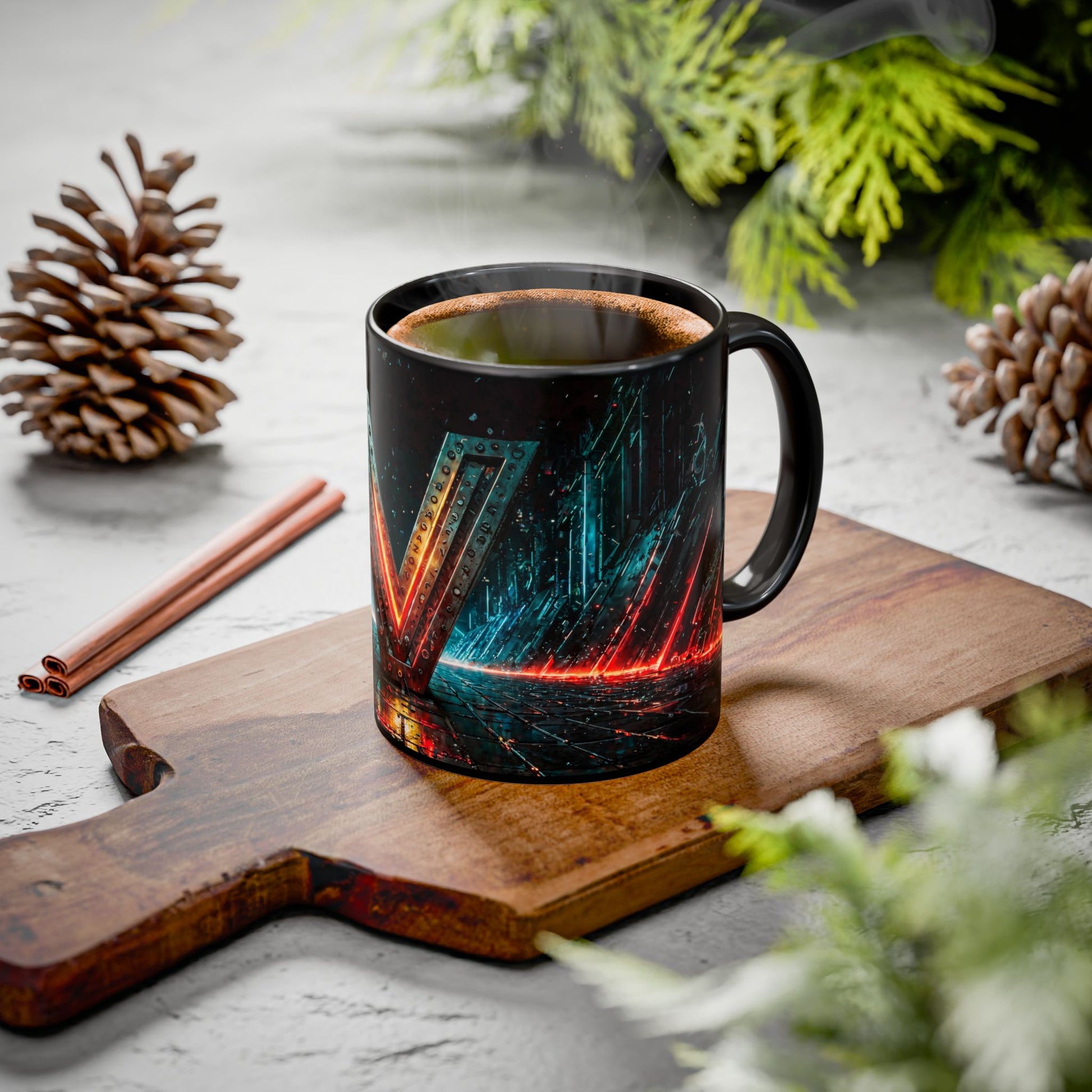 Black mug with cyberpunk design on a wooden cutting board with cinnamon sticks and pine cones.