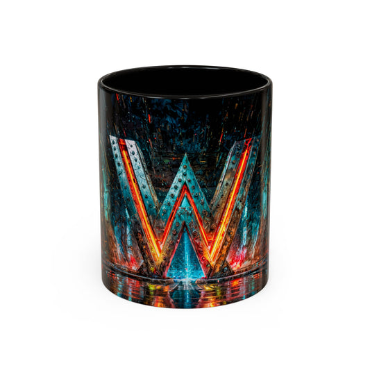 Black mug with cyberpunk letter 'W' design on a white background