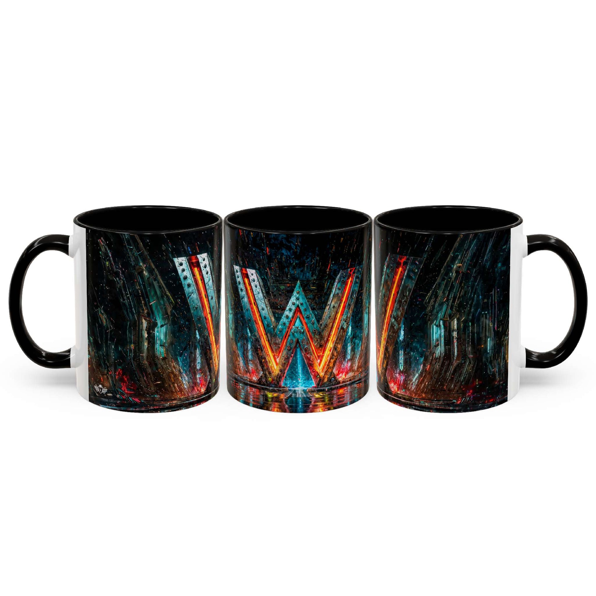 Three black mugs with cyberpunk designs on a white background