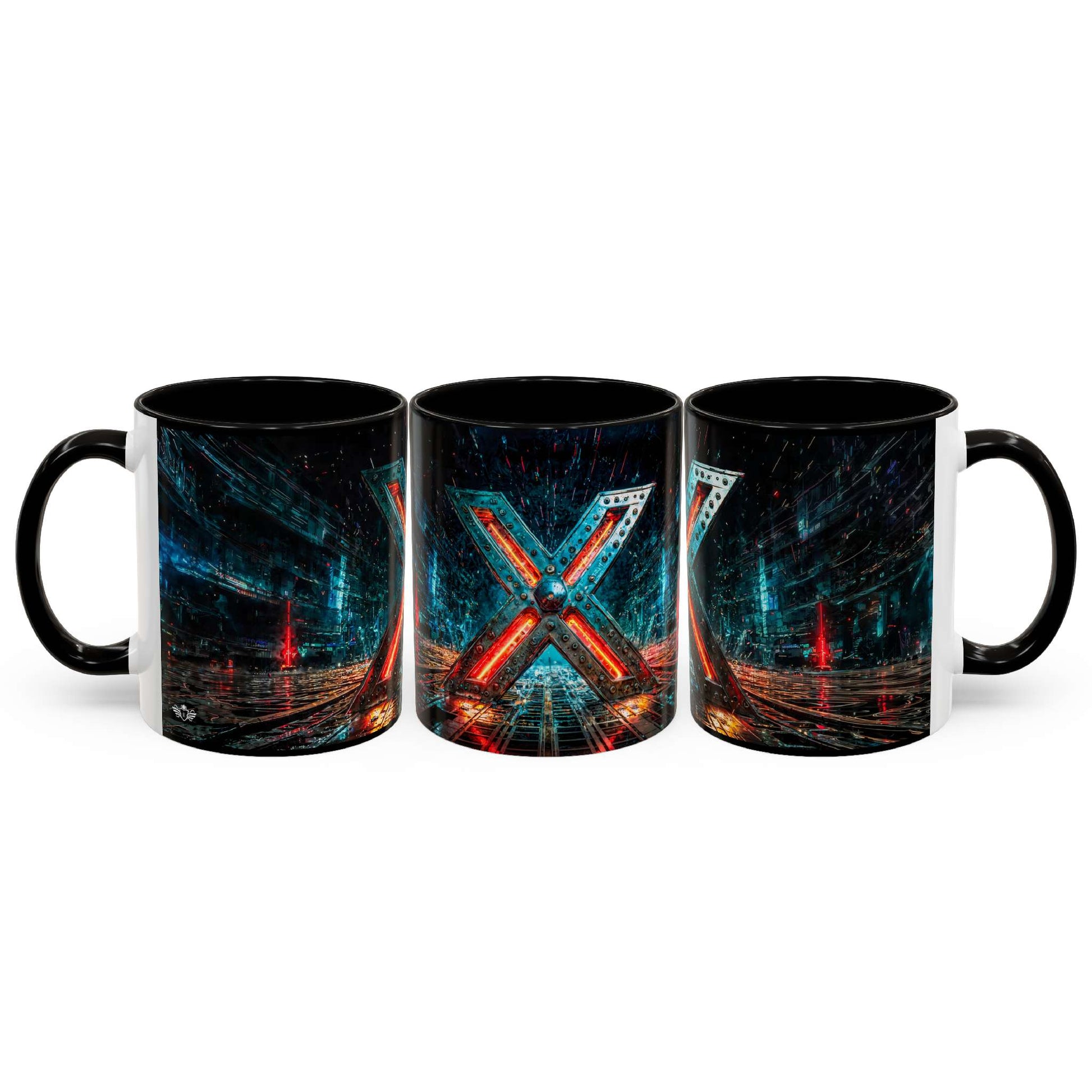Three black mugs with a cyberpunk design on a white background